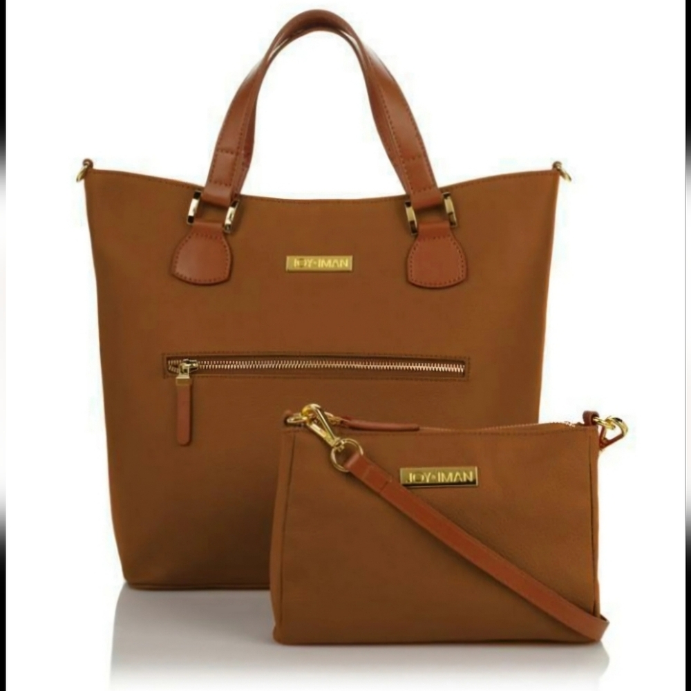 JOY & IMAN | Alexandria Cognac Leather Tote & Crossbody Set | Pebbled Leather